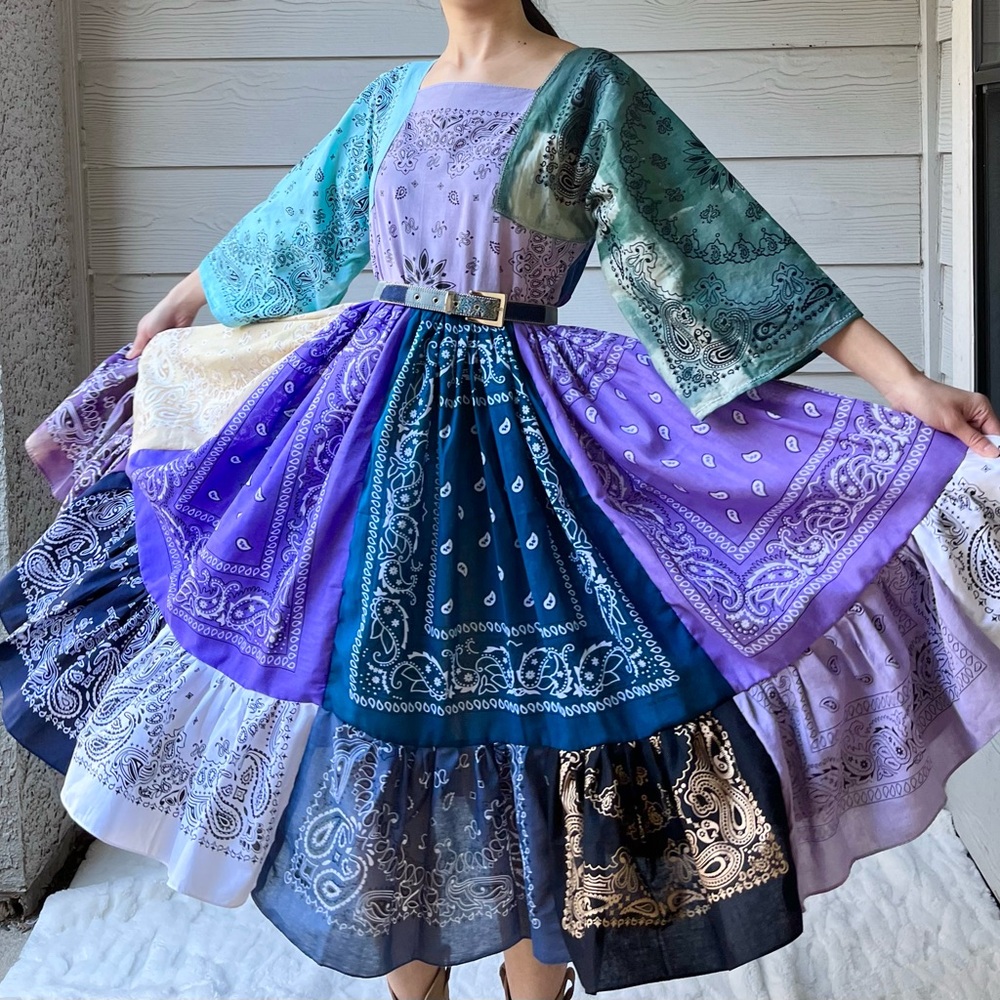 Handmade Earthy Bandana Dress SKU 01095 Ruffled Green Blue Purple